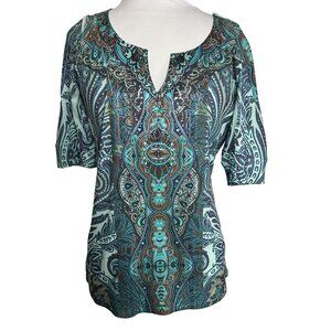 Apt 9 Womens Blouse Top Size Small Green Brown Paisley Embellished 3/4 Sleeves